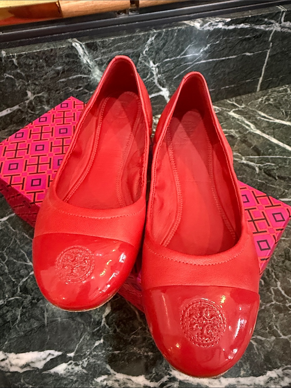 Tory Burch Red Ballet Flats with Patent Logo Cap Toe